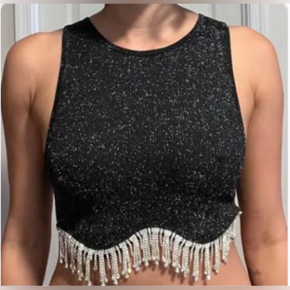 Zara Seamless Shimmer Rhinestone Fringe Crop Top - Black